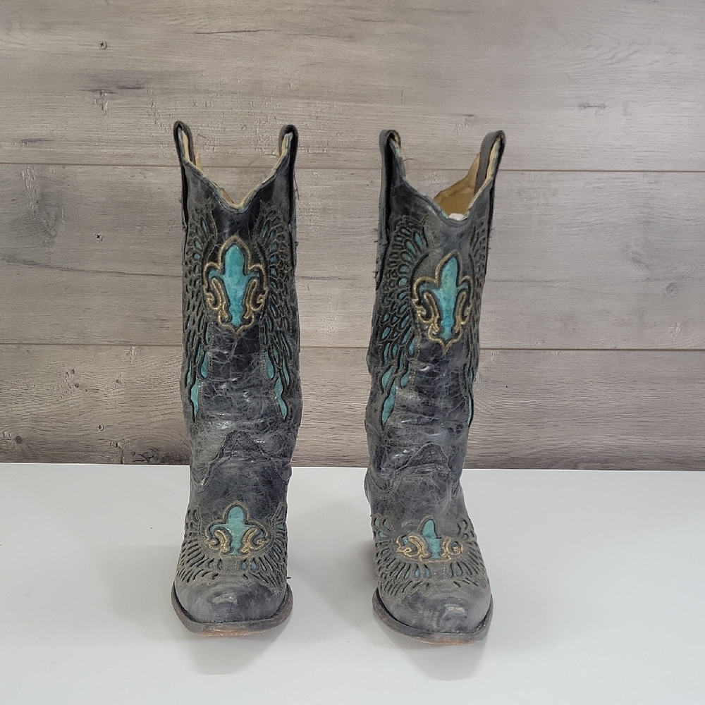 Womens Cutout Gray Leather Cowboy Boots with Turquoise Accents Sz 9